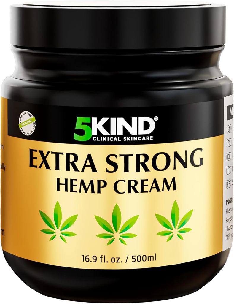 5kind Extra forte crema di canapa 16.9 fl oz- Massima resistenza - Natural Soothing Relief - Rubinetto muscolare per la parte posteriore inferiore, Giunti, Neck, Ginocchiere e Spalle - Crema di canapa di massima resistenza