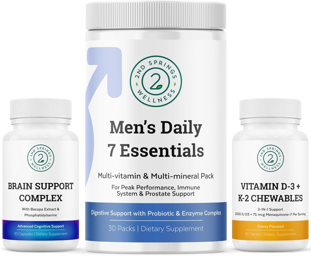Men's Health Vitality Bundle: Brain Support Complex, Men's Daily 7 Essentials, und Vitamin D3 + K2