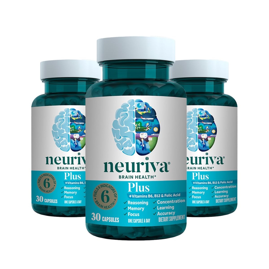 NEURIVA Plus Brain Supplemento per Memoria, Focus & Concentration + Funzione cognitiva con Nootropi clinicamente testati Phosphatidylserine e Neurofactor, VIT B6 & B12, 30 Count Capsule (3 Pack)