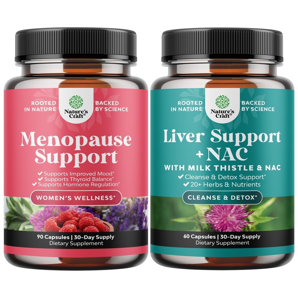 Bundle Menopause Supplement für Frauen mit Dong Quai, Vitex Chaste Berry & Black Cohosh und Liver Unterstützung NAC Supplement mit Milchdistel, Artichoke, Choline & Beetroot für Detox & Repair