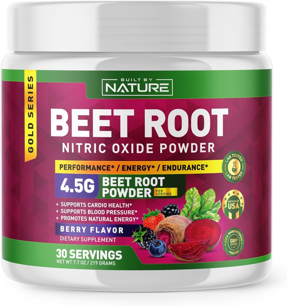 Supplément en poudre d'oxyde nitrique de racine de betterave - Booster bio de performance alimentaire pour la circulation, l'énergie, l'endurance, le flux sanguin et la santé cardiaque - végétalien, non-OGM - Berry Flavor - 30 portions