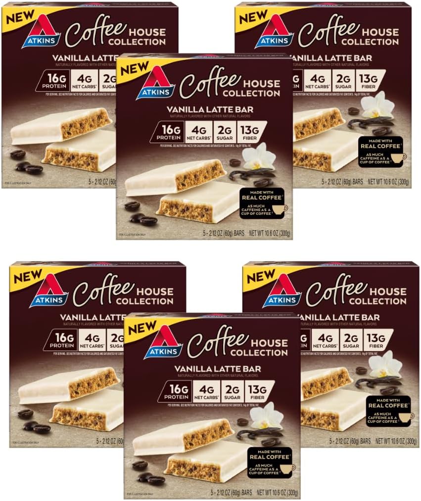 Atkins Coffee House Meal Bar, Vanilla Latte, 16g Protein, 4g Net Carbs, 2g Zucker, 13g Fiber, Hergestellt mit Real Coffee, 5 Count (Pack von 6)