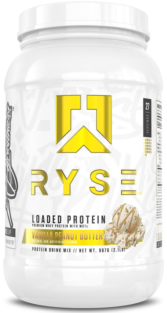 RYSE Loaded Protein Powder - Vanilla Peanut Butter - 25g Whey Protein Isolate & Konzentrat mit Prebiotic Fiber & MCT - Low Carb, Low Sugar, Digestive-Friendly - 27 Portionen / 2 lb Tub
