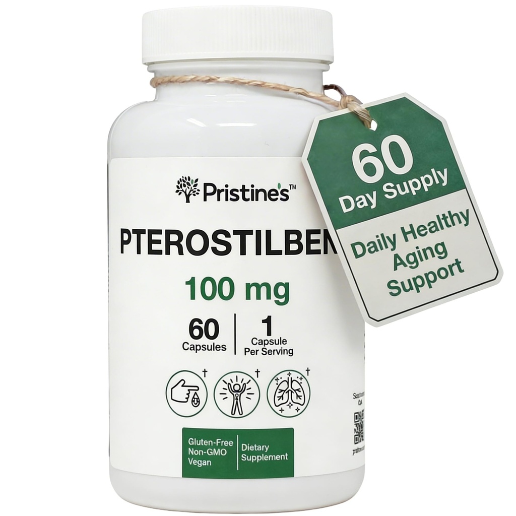 PRISTINE's Pterostilbene 100mg Anti Aging Supplement Kapseln - 60 Tage Versorgung - Lung Health & Mental Clarity Antioxidant - Hohe Bioverfügbarkeit Vegan Non GMO