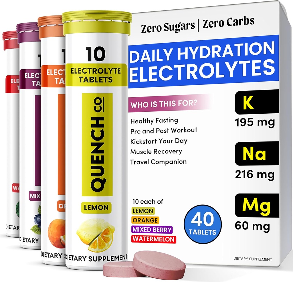 Compresse elettrolitiche di Quench 40 conte di idratazione istantanea, elettroliti, digiuno elettroliti Nessun zucchero per il supporto ottimale di idratazione Non polvere - anguria, arancione, bacche miste, aromi di limone
