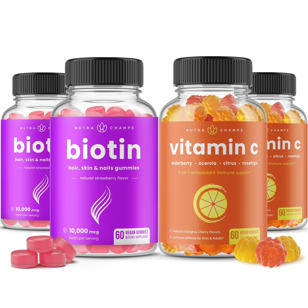 NutraChamps Biotin Gummi (2 Pack) und Vitamin C Gummi (2 Pack) 4 Pack Bundle