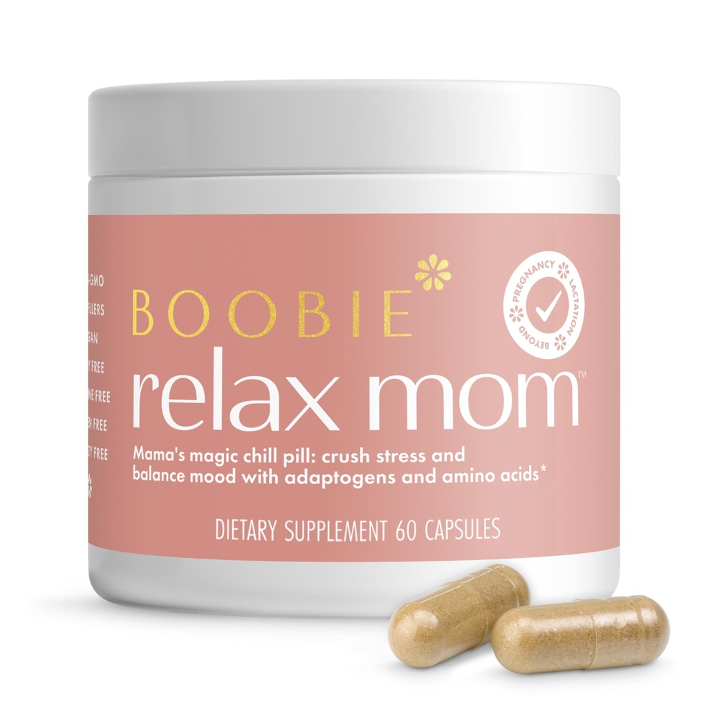 Boobie Relax Mom, Postpartum Stress Support Supplement | Lactation genehmigt | Stimmung und Energie Unterstützung mit Ashwagandha & L-Theanine, 60 Kapseln