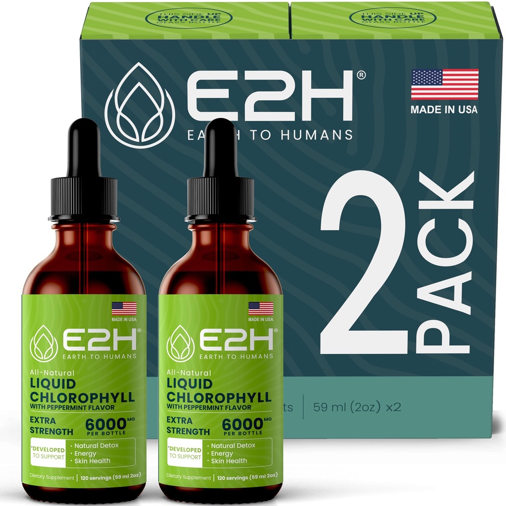 E2H Chlorophyll Flüssigkeitstropfen - Natürliche Energie Booster, Immunsystemunterstützung und interner Deodorant - Pfefferminz Flavor - (2 Flaschen)