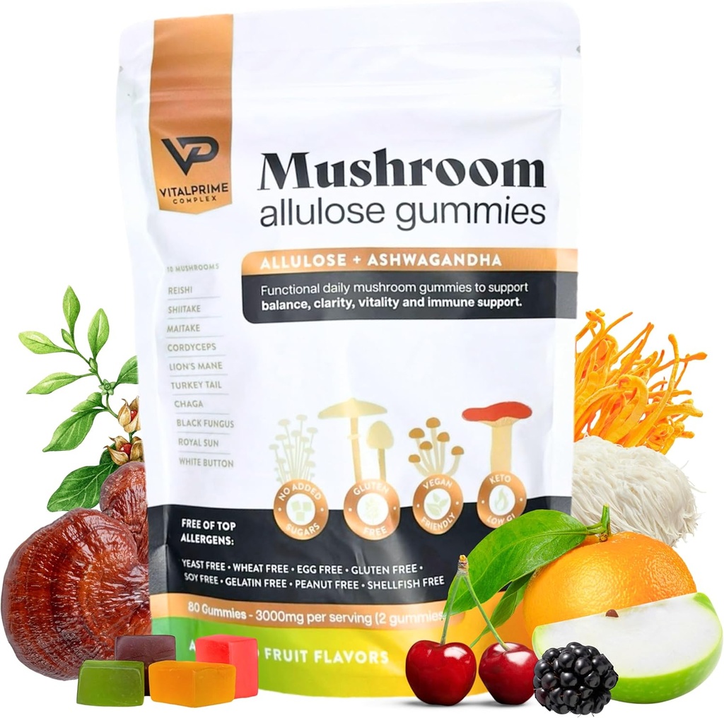 Zucchero-Free Ashwagandha & Mushroom Gummies Supplemento | 10 Funzionali funghi per porzione | Supporto immunitario, messa a fuoco, energia | Vegan, Keto, basso carb, dolcificante allulosa | 80 Gummies, aromi naturali