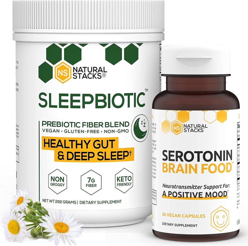Natural Stacks Supplements Bundle - SleepBiotic Prebiotic Fiber (292g) + Serotonin Supplement (60caps) - für Mood & Energy Boost, Mental Health, Gut Health und bessere Schlaf