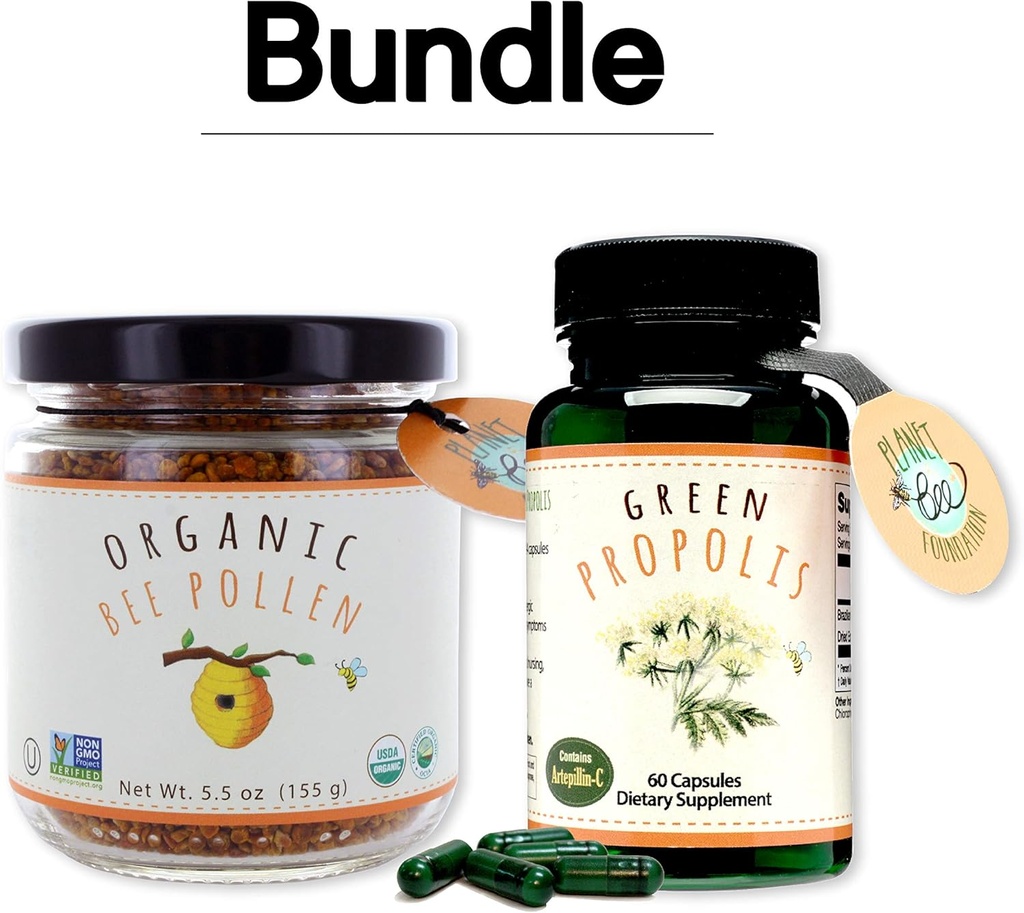 Greenbow Organic Bee Pollen - 100% USDA Certified Organic, Pure, Natural Bee Pollen - Superfood verpackt mit Proteinen, Vitaminen & Minerals- 155g Green Propolis 60 caps