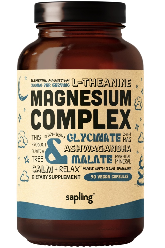 Magnesium Glycinat Complex Supplement - Chelat Magnesium Glycinat mit Malat, Bio Ashwagandha, L-Theanin & Blau Spirulina - Hohe Absorption, Vegan, Non-GMO, 300mg, 90 Veggie Caps