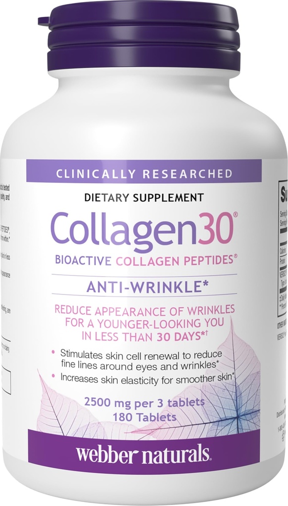 Webber Naturals Collagen30 Anti-Wrinkle, 2.500mg bioaktive Collagen Peptide pro Servierung, 180 Tabletten, hilft, tiefe Falten, feine Linien und Stimuliert Hautzellen, Non GMO, Dairy & Gluten kostenlos