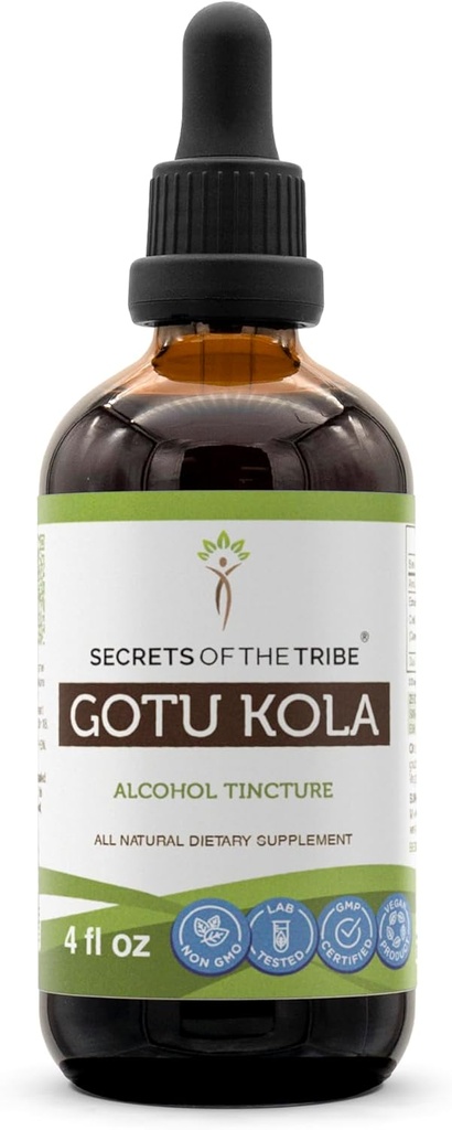 Secrets de la tribu Gotu Kola Tecture Extrait d'alcool liquide, Gotu Kola (Centella Asiatica) Herbe séchée (4 FL OZ)
