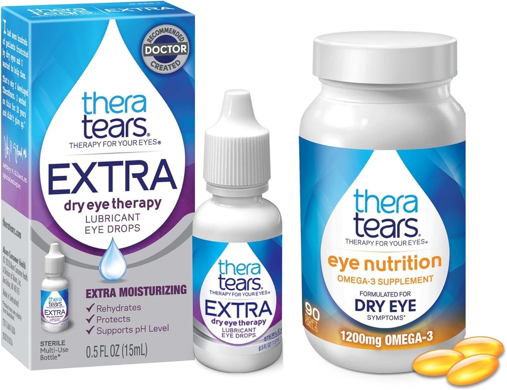 TheraTears 1200mg Omega 3 Supplément pour la nutrition des yeux,Organic Flaxseed Triglycéride Huile de poisson et VIT E,90 Compter gouttes oculaires, extra-sécher la thérapie des yeux,15 mL,0,5 Fl oz