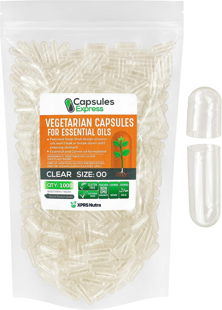 XPRS Nutra Size 00 Empty Vegan Capsule - 1000 Count Clear Veggie Capsule per la maggior parte degli oli essenziali - Pillole vegetali vuoti - Riempimento olio fai da te