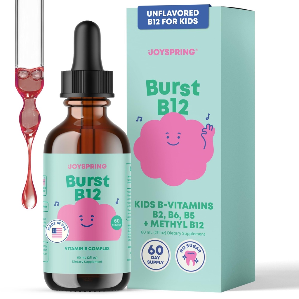 JoySpring Burst B12 gouttes - Complexe vitamine B pour les enfants (2 fl oz) B2, B6, B5 + méthylcobalamine B12 Supplément pour les enfants pour soutenir la croissance et le développement en santé, Vegan B12, 2-16 ans et plus