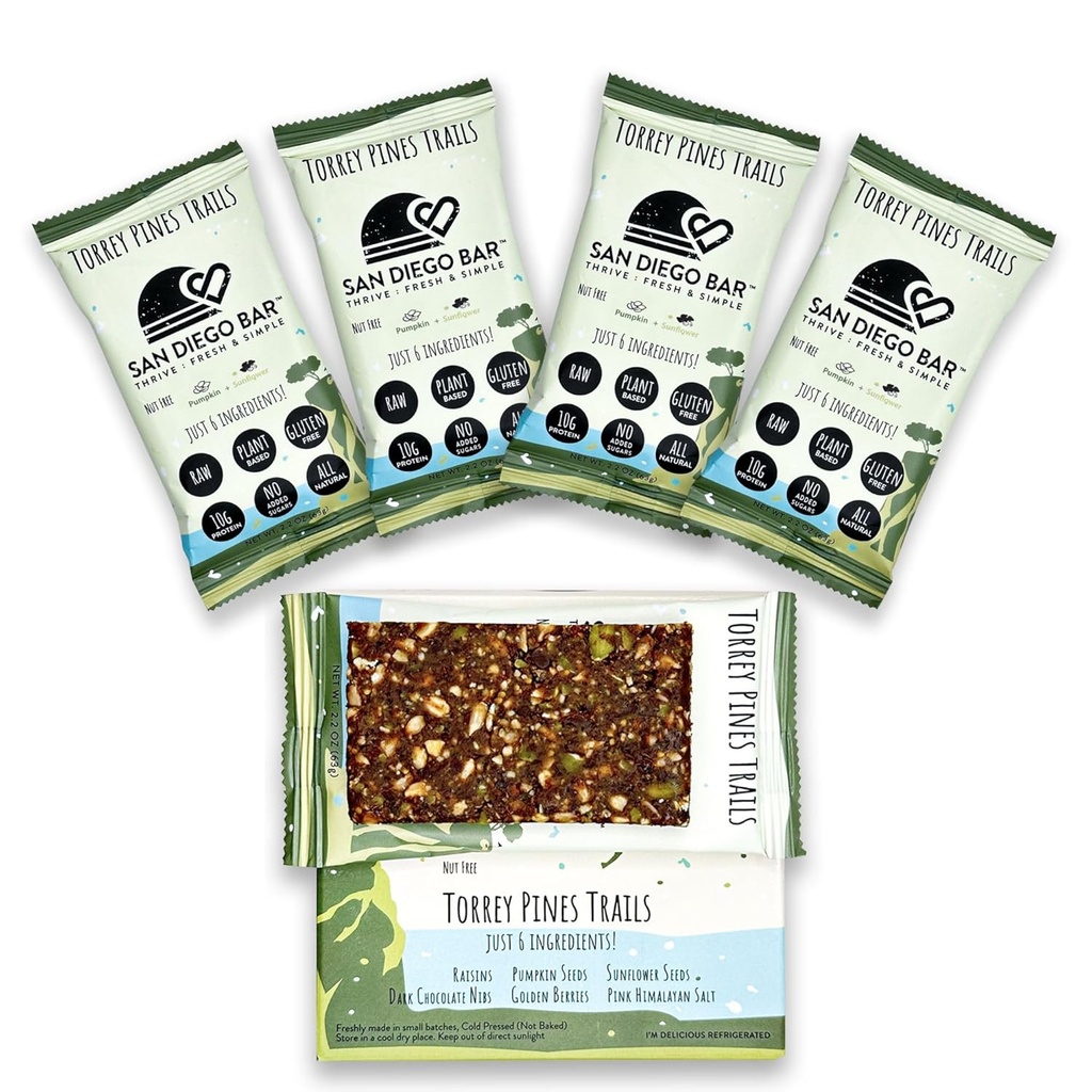 San Diego Bar-Torrey Pines Trails | Pumpkin + Sun Flower | RAW & Vegan Protein Bars | Sugar & Gluten Free | Barre per la colazione | Barre per l'energia | Snack Bars | 6 Ingredienti alimentari integrali | Proteine a base vegetale