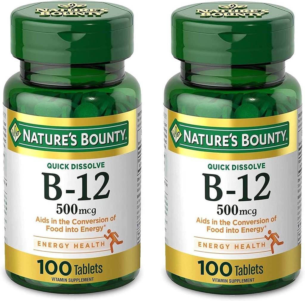 Vitamina di Bounty della natura B12, Supporta il metabolismo energetico e la salute del sistema nervoso, 500mcg, Compresse, 100 Ct (pacchetto di 2)