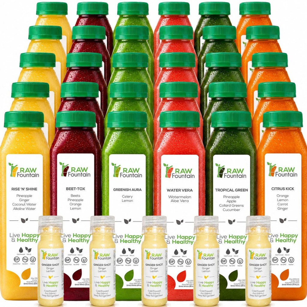 Detergente di succo di 5 giorni da fontana cruda, sapori tropicali, tutti crudi naturali, frutta a freddo e succhi di verdure, Detox Cleanse, 30 bottiglie 12oz, 5 Bonus Ginger Shots