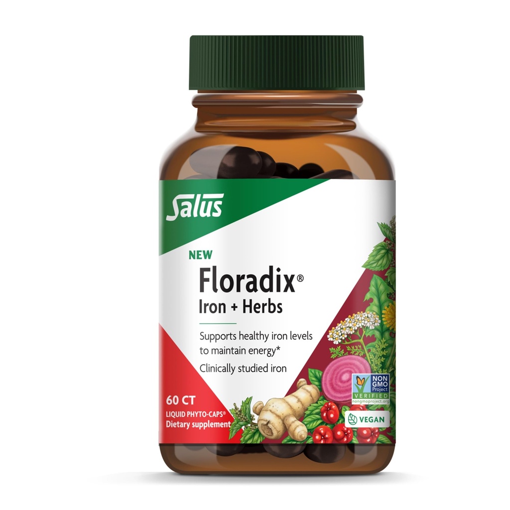 Floradix Iron + Herbes - Supplément de fer pour un soutien énergétique sain* - Supporte la formation de globules rouges - Végétaux, non OGM, sans gluten, sans soja - 60 capsules de Phyto-Liquid