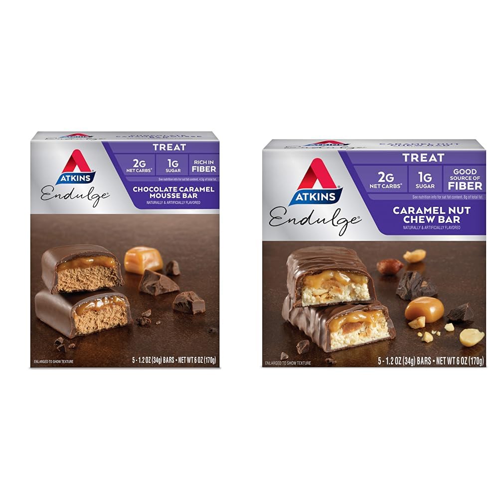 Atkins Endulge Chocolate Caramel Mousse Bar 5 Conte e Caramel Nut Chew Bar 5 Conte Bundle