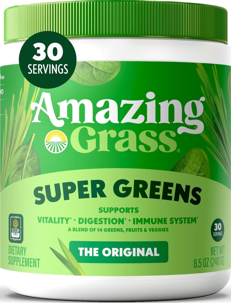 Erstaunliche GrasgrÃ1⁄4nen Mischung Superfood: Greens Powder Mix fÃ1⁄4r Energie, mit Bio Spirulina, Chlorella, Beet Root Powder, Verdauungsenzyme & Probiotics, Original, 30 Portionen (Packaging May Vary)