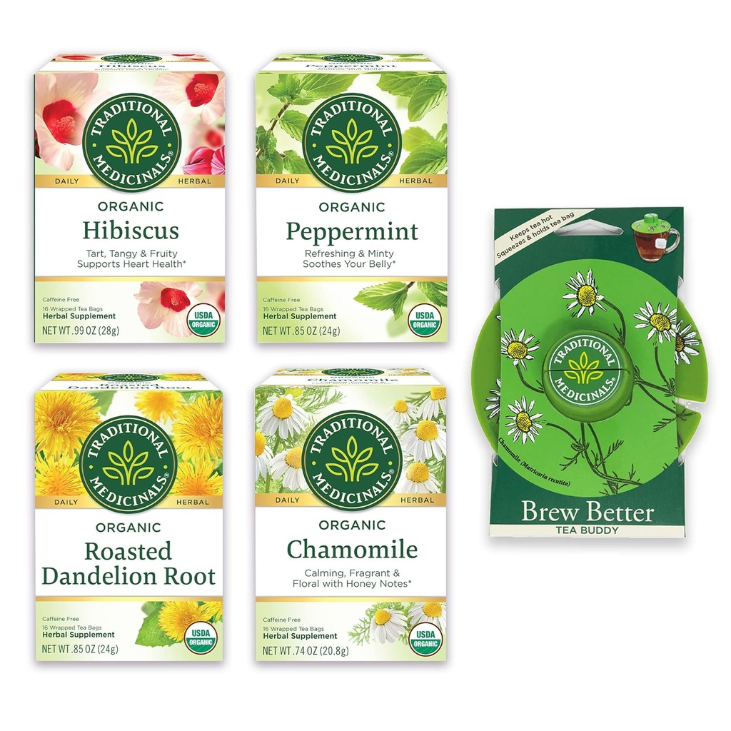 Medicinali tradizionali, pacchetto di varietà organiche per il benessere in quattro sapori rilassanti, include menta piperita, camomilla, isbisco, radice di dadelion arrosto, tè Buddy, 64 sacchetti di tè, (4 pacchetto)