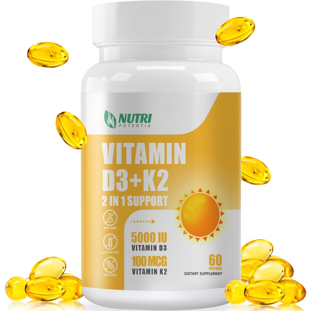 Vitamina D3 K2 con olio MCT, vitamina D3 5000 IU e K2 100mcg, Formula 2 in 1 per la salute del corpo e del cuore, senza glutine - 60 Conte Softgels