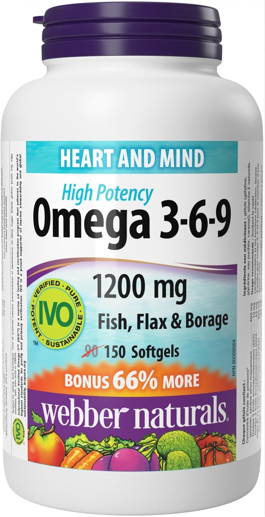 Webber Naturals Omega 3-6-9 Flaxseed, Fisch & Borage Öle 1200 mg, 150 Softgele