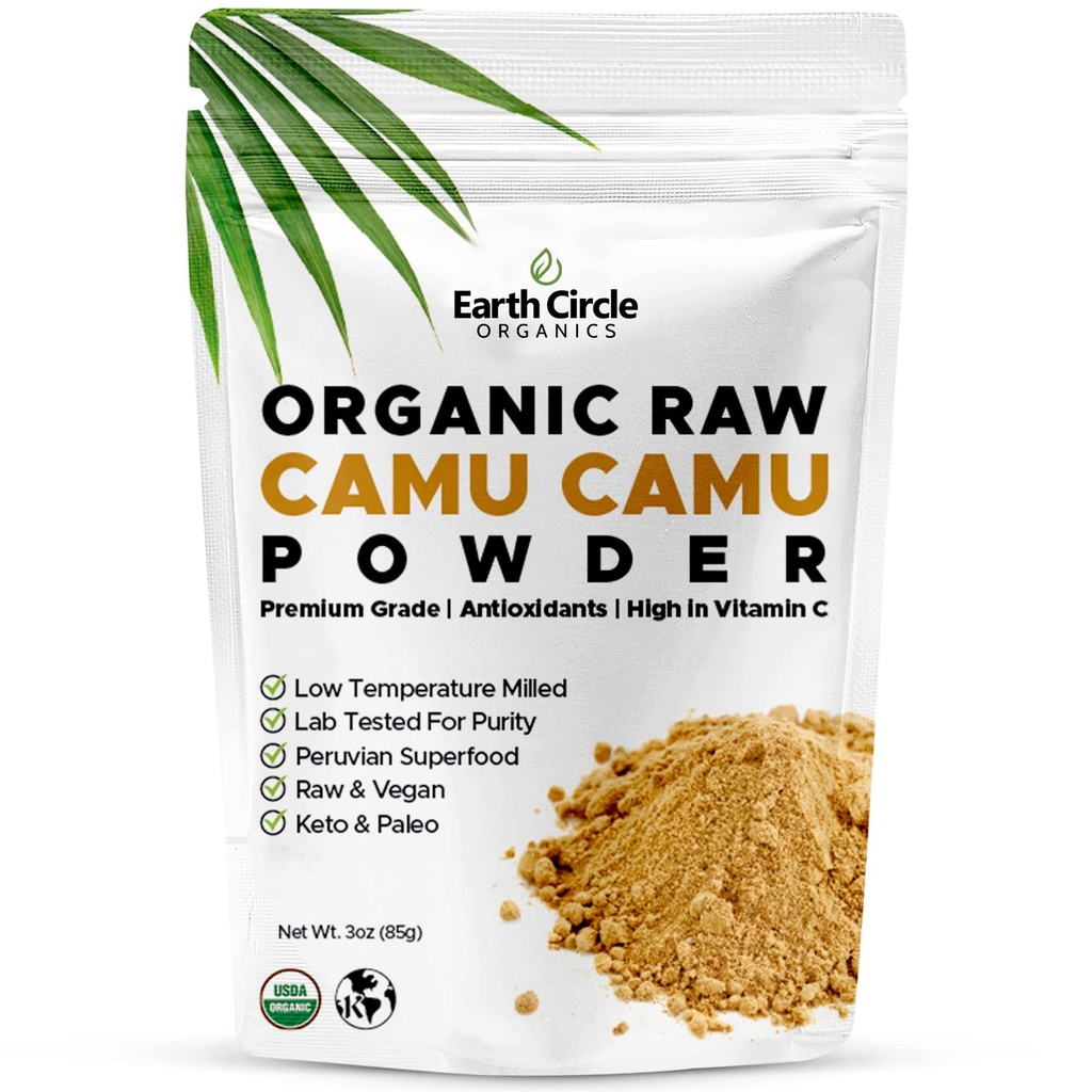 Earth Circle Organics Camu Camu Pulver – Bio Raw Berry Pulver mit natürlichen Vitamin C & Antioxidantien – Vegan, Kosher, Non-GMO Superfood für Immunität & Energie – 3oz (Pack mit 1)