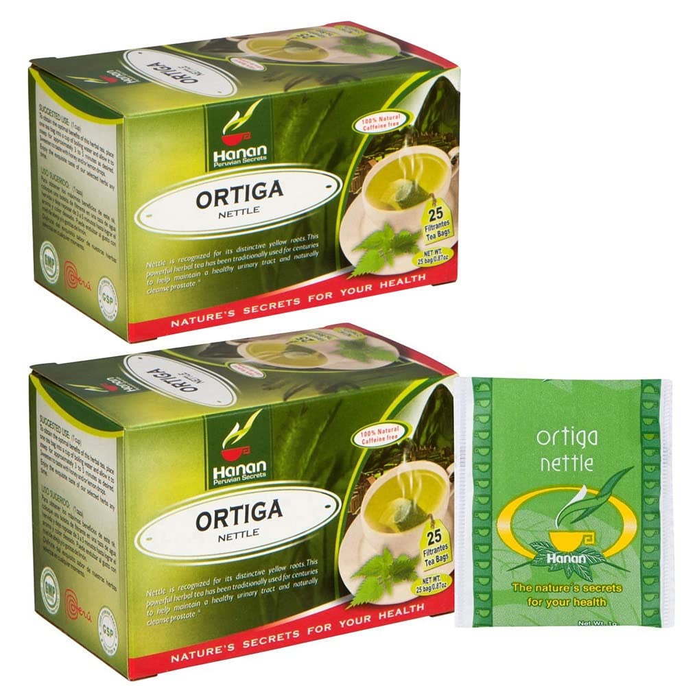 Hanan Nettle thé à base de plantes 50 sachets de thé - Paquet de 2 Boîtes de 25 sachets de thé Chaque de la racine de Nettle Sting et feuille du Pérou