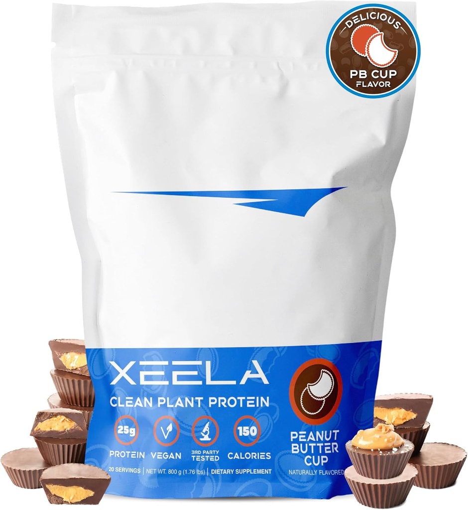 XEELA Plant Based Vegan Protein Powder - Unabhängig getestet - 25g High Protein, Pea Protein für Männer & Frauen - Vitamine & Minerals, Non GMO, Dairy & Gluten Free, LowCarb & LowFat (Peanut Butter Cup)