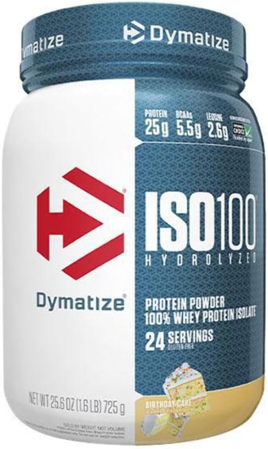 Dymatiser la poudre de protéines ISO 100 Whey avec 25 g d'isolat 100% Whey hydrolysé, sans gluten, digestion rapide, gâteau d'anniversaire, 1,6 livre