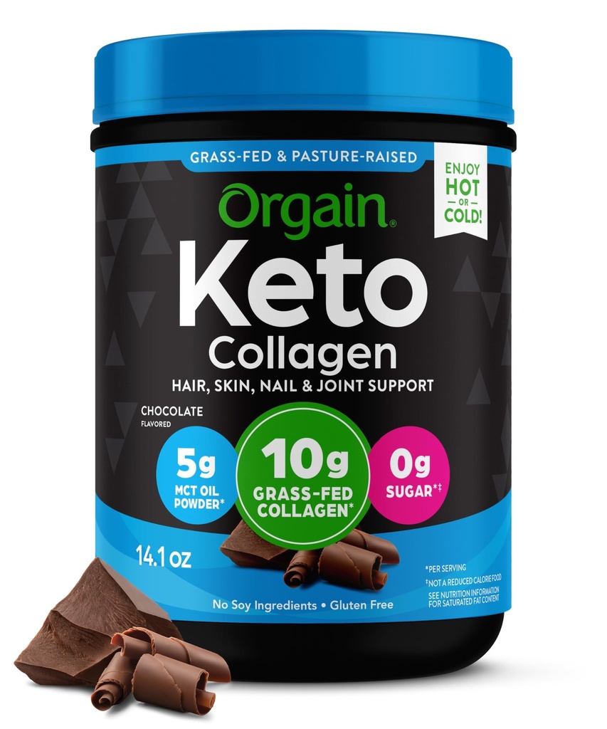Orgain Keto Collagen Protein Powder, Chocolate - 10g Gras Fed hydrolysierte Collagen Peptide für Frauen & Männer, Typ I & III, 5g MCT Öl - Haar, Haut, Nagel, & Joint Support, Non-GMO, Gluten Free - 0.88lb