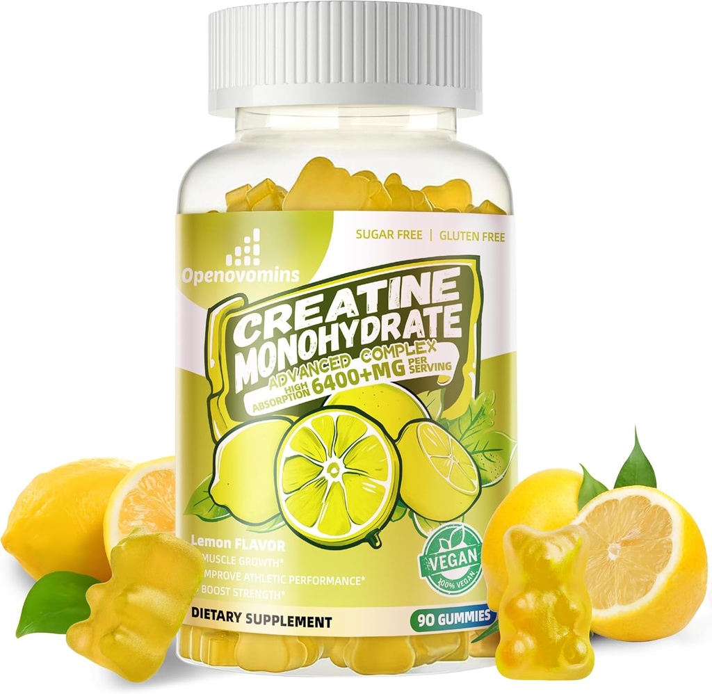 Complexe monohydraté créatine pour les hommes et les femmes - formule avancée W/L-Taurine + vitamine B12, supplément à croquer sans sucre,90 Gommies citron
