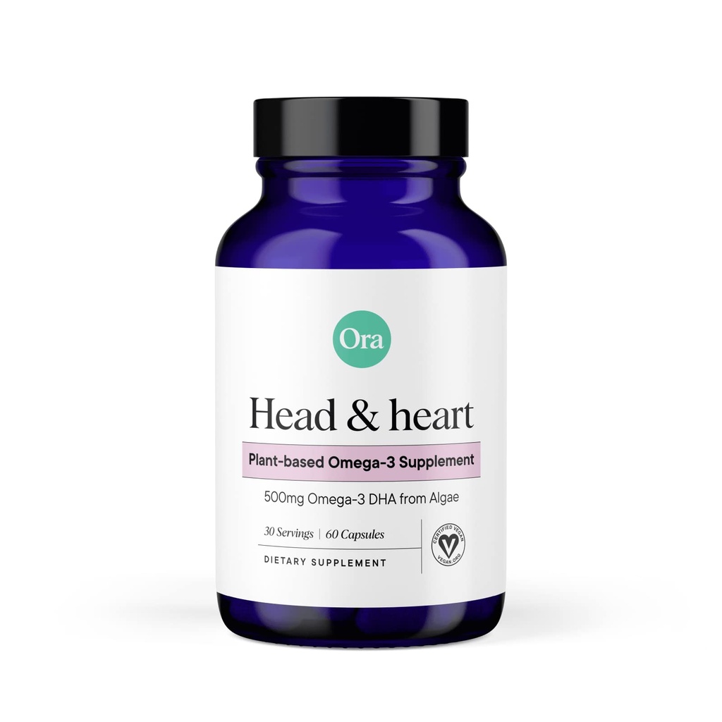 Ora Organic Vegan Omega 3 Supplement - 500mg DHA für Gehirn, Augen und Herzgesundheit - Made from Sustainable Algae - 60 Kapseln