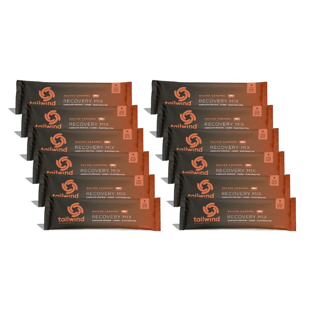 Tailwind Nutrition Recovery Mix, 20 Grams Complete Protein, Carbohydrates, and Electrolytes Powder Drink Mix for Post-Workout, Free of Gluten, Soy, and Dairy, Vegan, 12 Servings, Salted Caramel