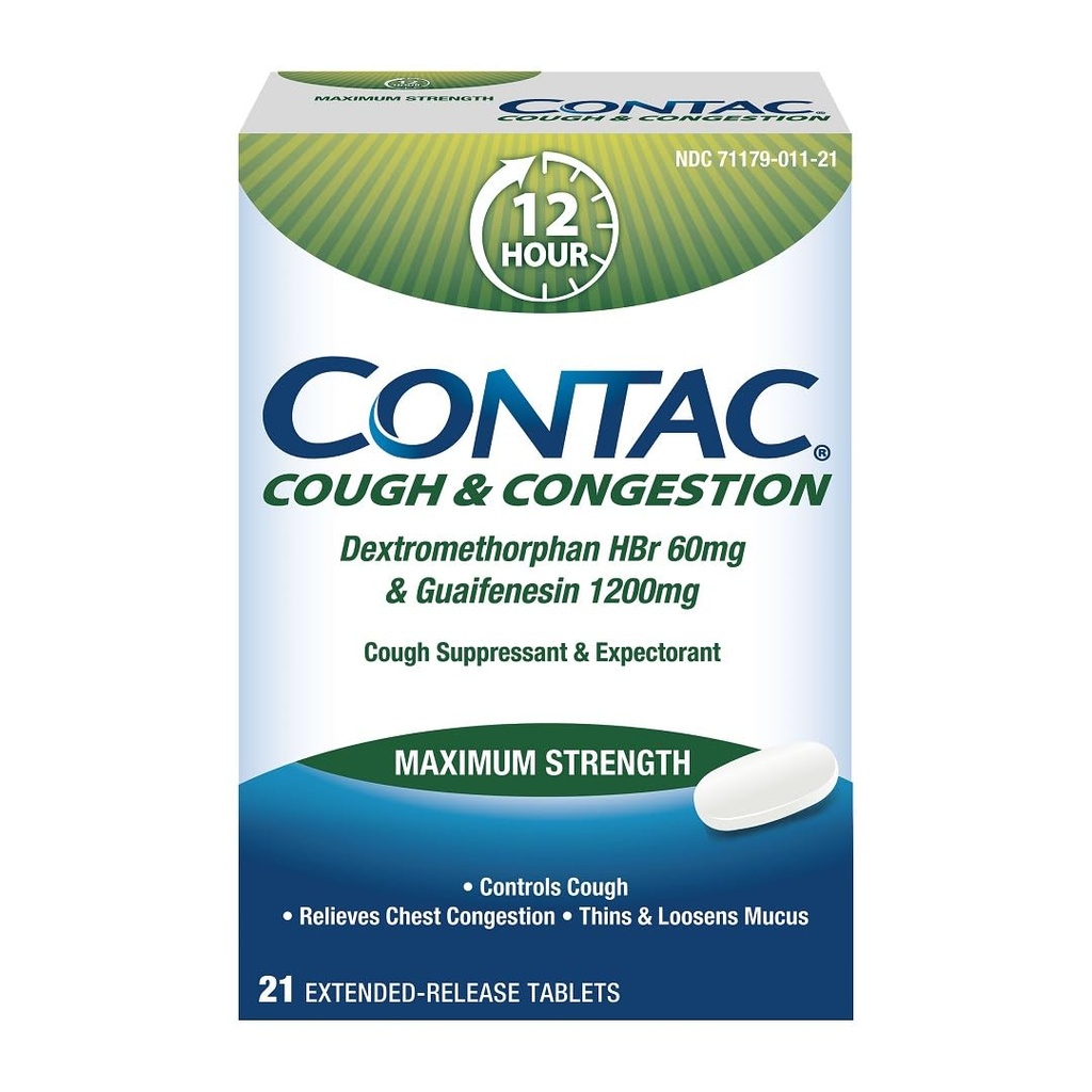Contac Cough & Congestion Maximum Strength Controls Cough, Thins und Loosens Mucus, Guaifenesin & Dextromethorphan HBr, Extended Release Tablets, 21 Count