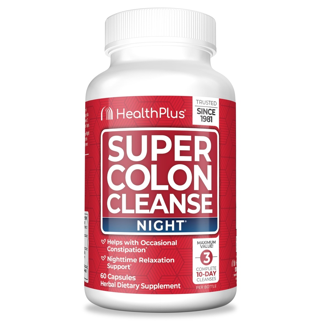 Salute Plus Super Colon Cleanse Night Formula Digestive Support | Rilievo di costipazione per ridurre il Bloating con Probiotici e radice valeriana per il sonno | Più di 1 Cleanse, 60 capsule