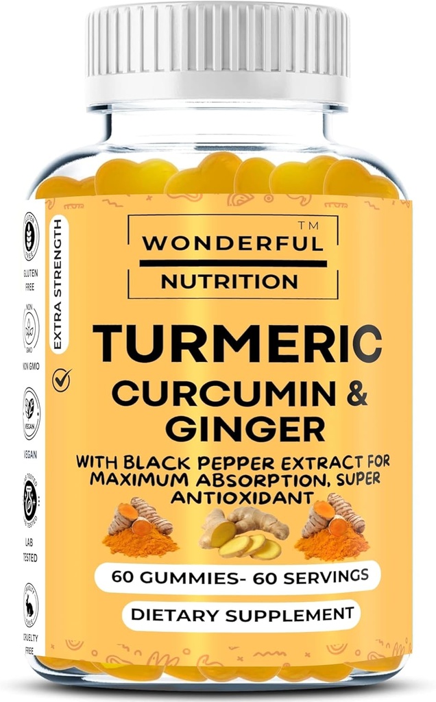 Elevate il vostro viaggio di benessere Turmerico, Curcumina e Ginger Gummies: un supplemento Superfood arricchito con estratto di pepe nero - 60 Gummies