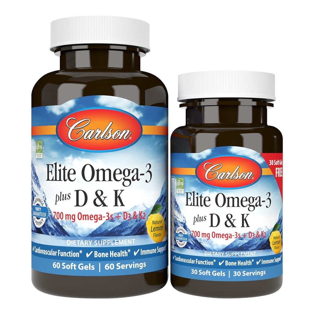 Carlson - Elite Omega-3 Plus D & K, 700 mg Omega-3s + D3 & K2, Funktion, Knochengesundheit und Immununterstützung, Lemon, 60+30 Softgel