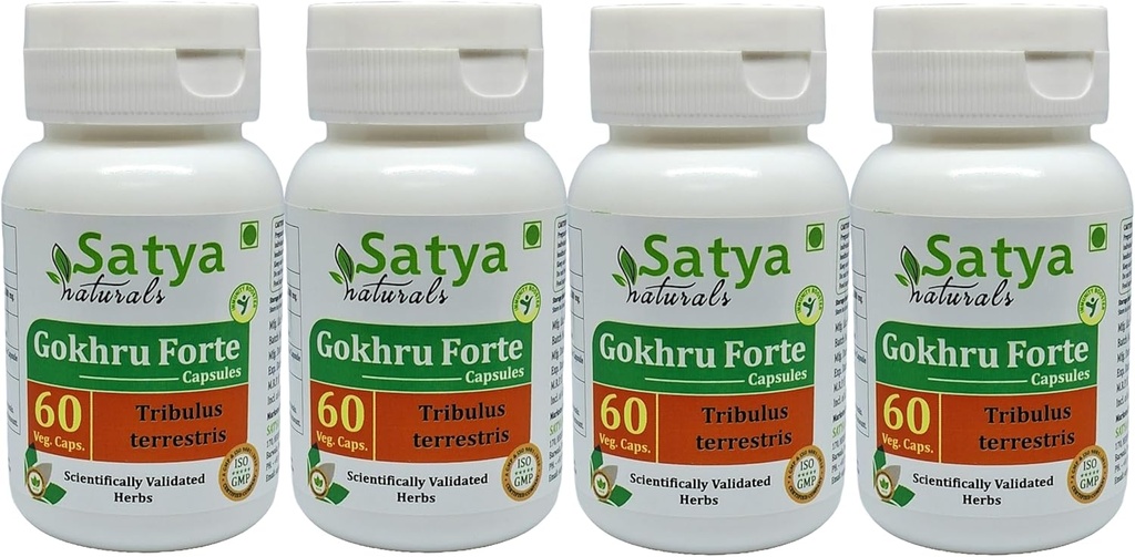 Gokhru Forte Capsule 500 mg. 60 Veg. Capsule | Gokharu (Tribulus Terrestris) Estratto di capsule per uomini e donne | Ayurvedic Herbal Supplement/Remedies | 10:1 Forte (4 Bottiglie di 60 capsule)