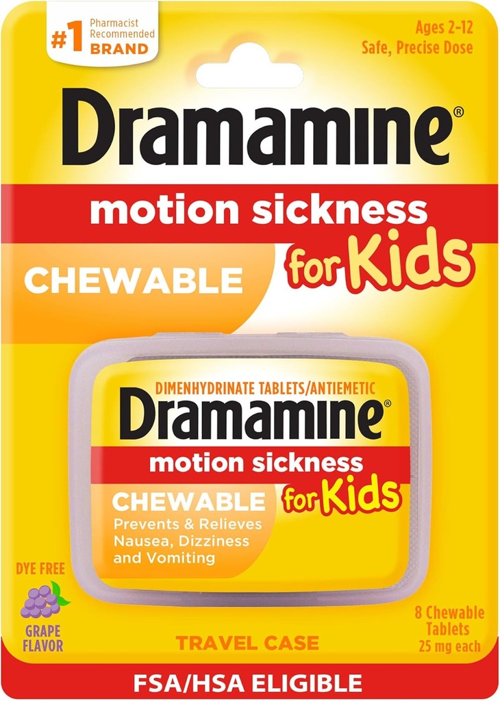 Dramamine Motion Sickness Relief für Kinder | Chewable Grape | 8 Count