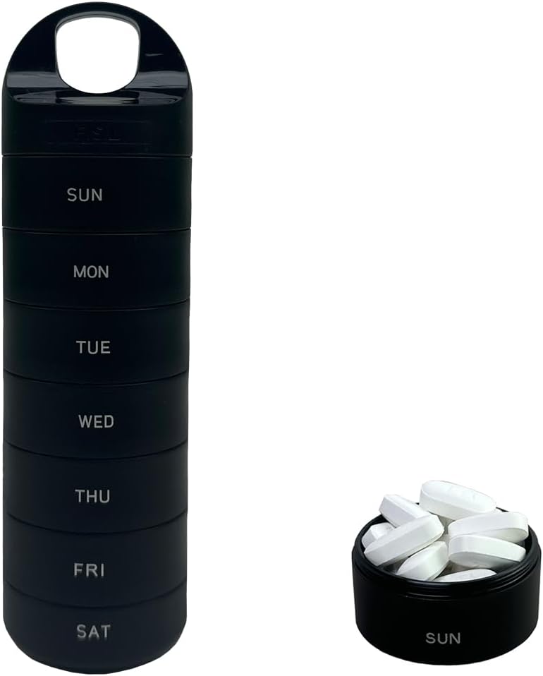 Nero Plastica Weekly Pill Organizer - Smart Medicine Pill Organizer Viaggi - Impermeabile, BPA-Free 7 Day Medicine Container - Porta pillole per vitamine e farmaci