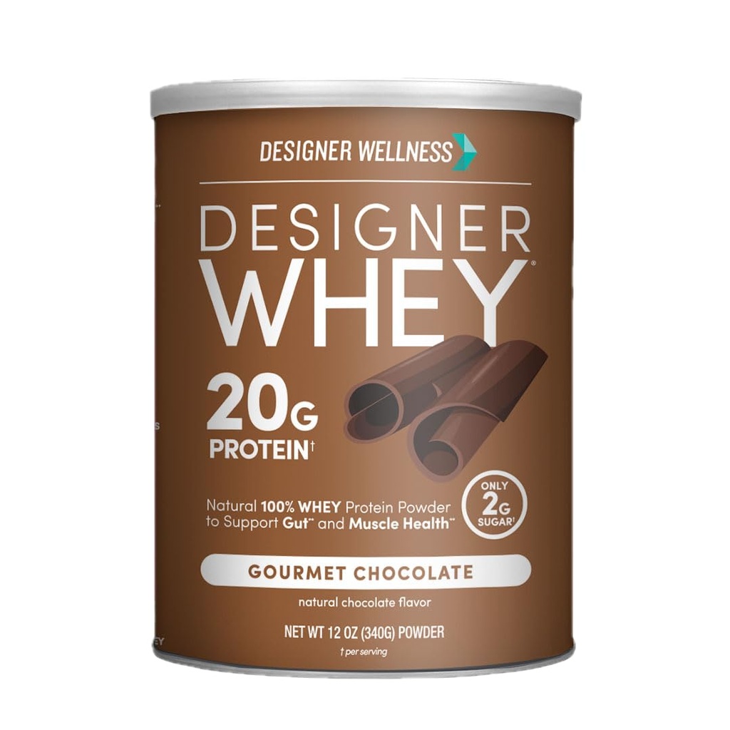 Designer Wellness, Designer Whey, Natural Whey Protein Powder with Probiotics, Fiber, and Key B-Vitamins for Energy, Gluten-Free, Gourmet Chocolate, 12oz