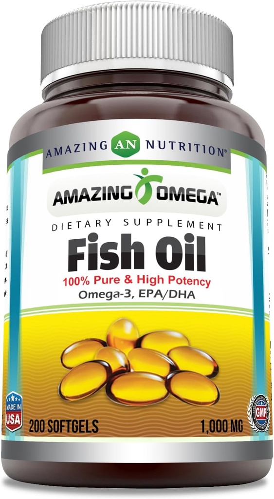 Sorprendente Omega Fish Oil 1000 mg Softgels Supplemento | Omega-3, 180 mg EPA. 120 mg DHA | Alta potenza (200 conteggio)