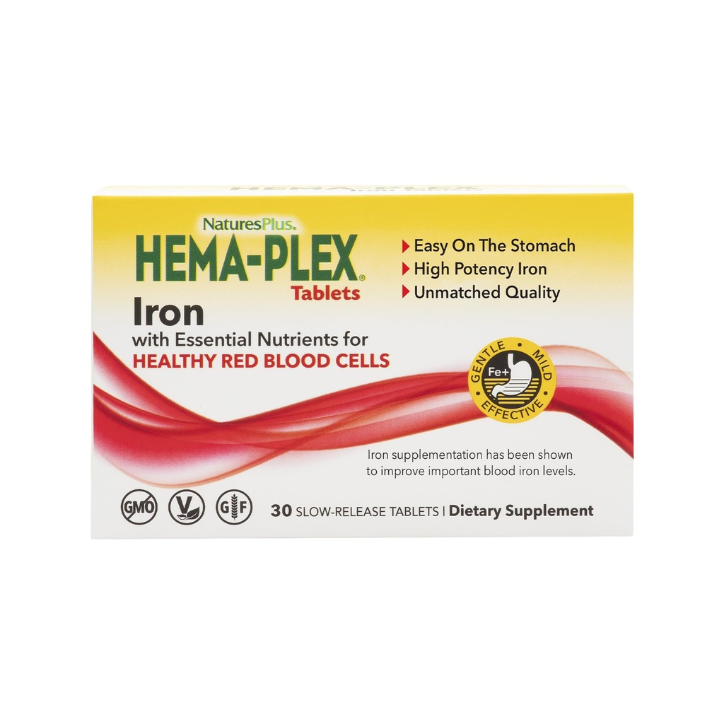 NaturesPlus Hema-Plex Iron - 30 Slow-Release Tablets - 85 mg Chelated Iron - Total Blood Health - with Vitamin C & Bioflavonoids - Non GMO, Vegetarian & Gluten Free - 30 Servings