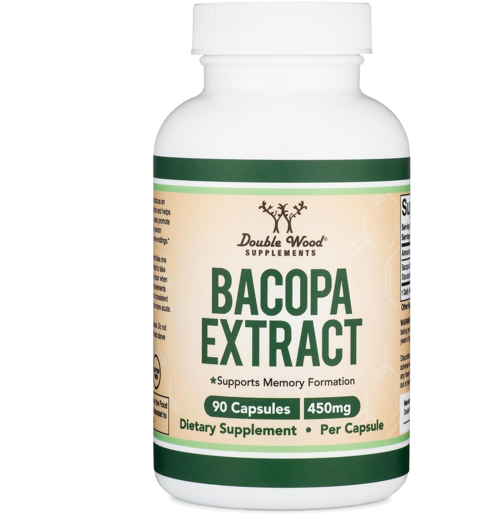 Bacopa Monnieri Capsule 20% Bacosides 450mg, 90 Count (Non OGM, Gluten Free) Estratto di Brahmi (Supplemento di memoria per la salute del cervello, messa a fuoco e funzione cognitiva) di legno doppio