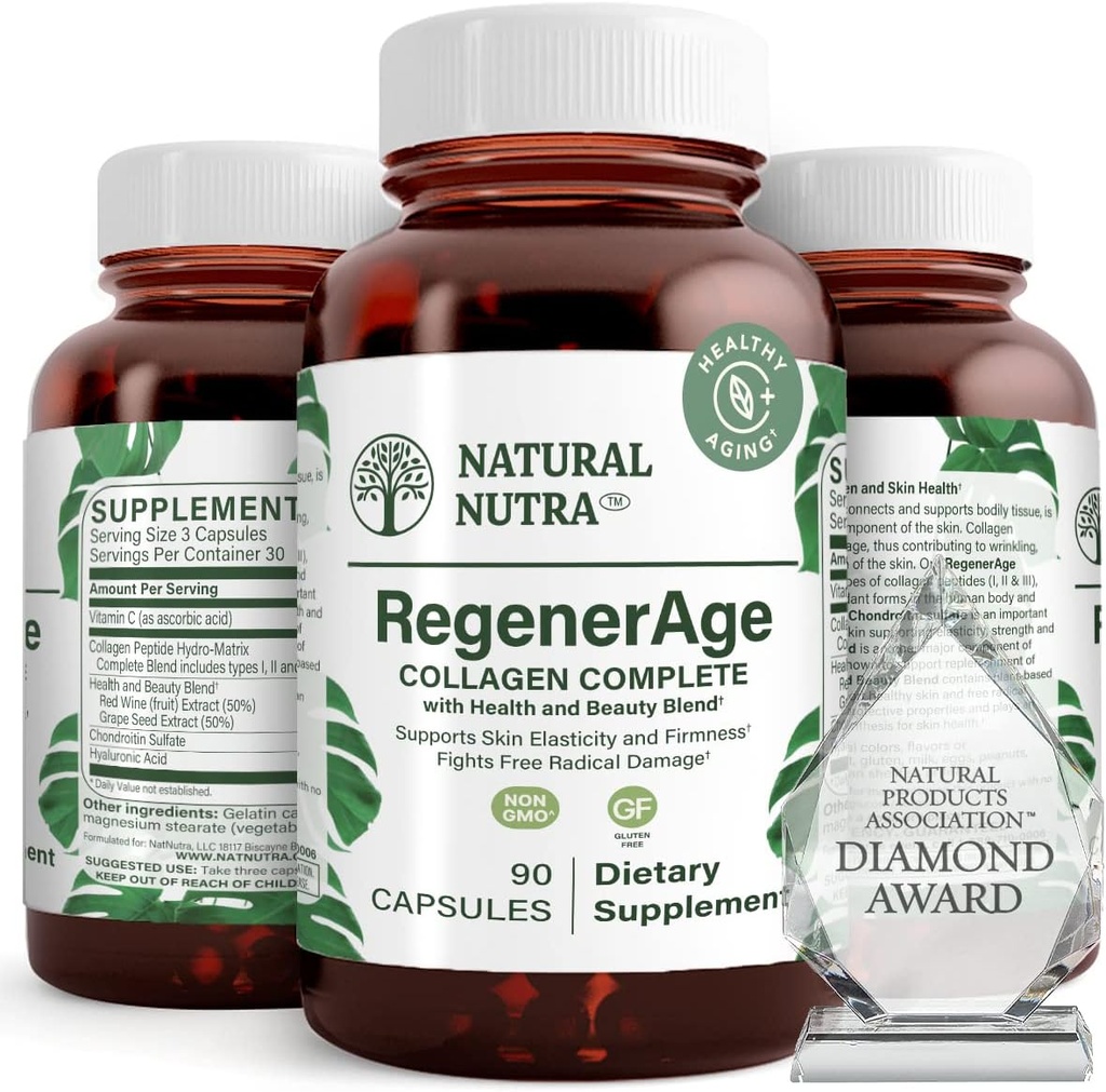Natural Nutra RegenerAge Integratore completo per la salute della pelle con peptidi proteici, Ridurre i segni di stretch, Contribuisce la salute generale, Vitamina C, Estratto di vino rosso semolato, Senza glutine, 90 capsule.